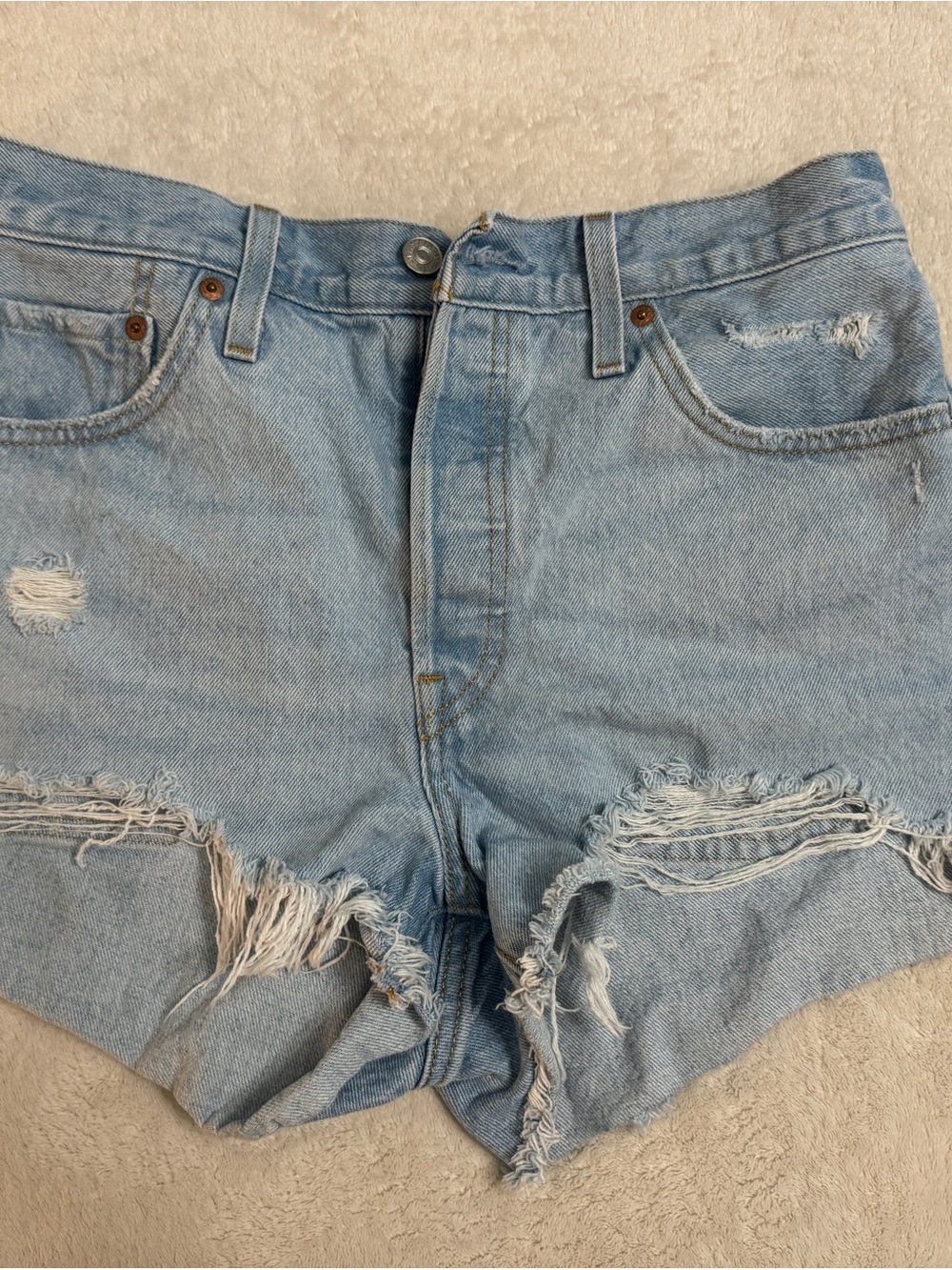Levi's 501  Light Blue Distressed Denim Shorts